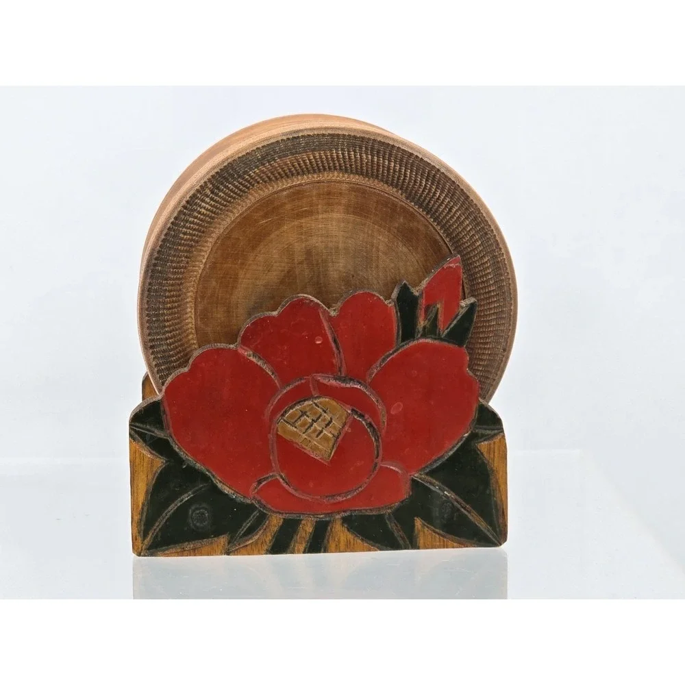 Vtg 12 Coaster Set with Holder Occupied Japan‎ Wood With Carved Flower Bud
